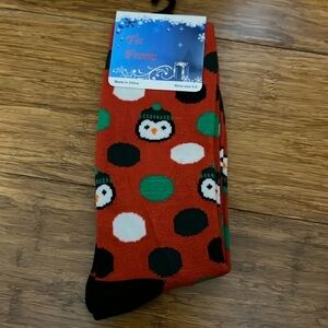 Christmas Socks Red with colored circles & a cute animal face, Sock SZ. 9-11